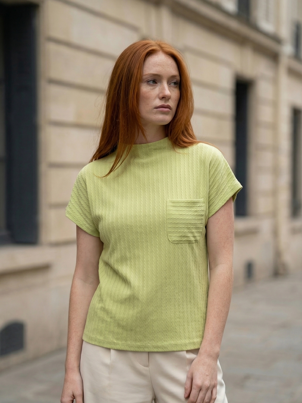 Ces Femme Pale Lime Textured Short Sleeve Top with Pocket